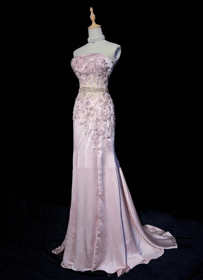 Vintage Abschlussballkleider 80er Meerjungfrau Trägerlos Rosa Satin Applikation Lange Formelle Abendgarderobe N3480