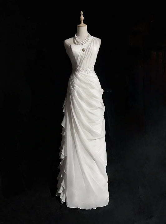 Unique Wedding Dresses Sheath One Shoulder Chiffon White Long Bridal Gown N3105
