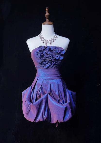 Vintage-Ballkleid, trägerlos, lila Taft, kurzes Partykleid, Cocktailkleid, Heimkehrkleid N3891