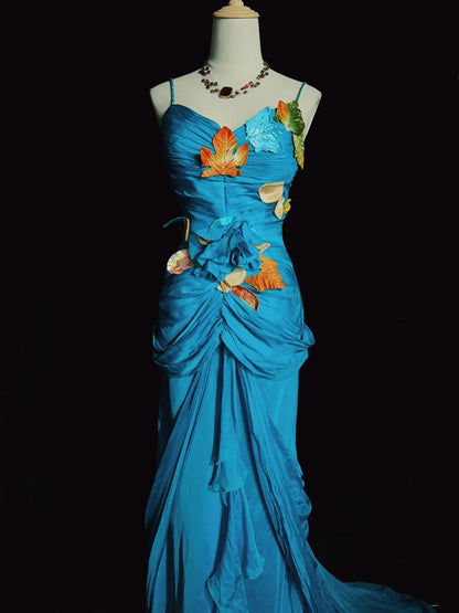 Robes de bal modestes Sirène Bretelles fines Mousseline bleue Sans manches avec feuille Robe de soirée formelle N3841