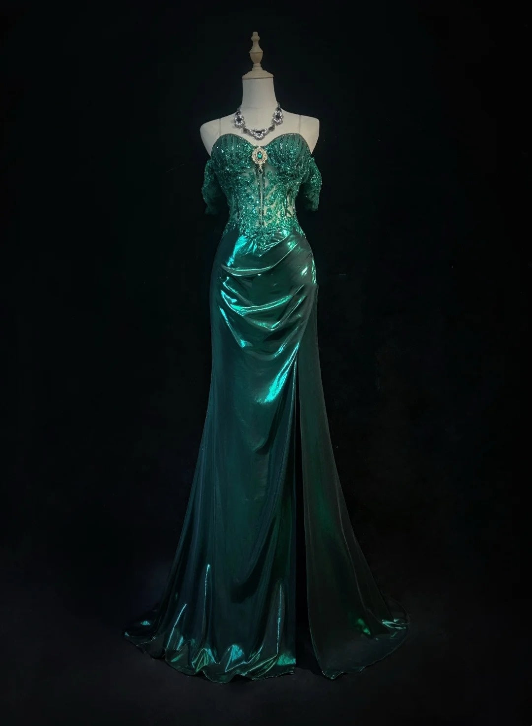 Robes de bal modestes d'inspiration sirène, épaules dénudées, vert émeraude foncé, fente, dentelle, robes de soirée longues années 80 N3389