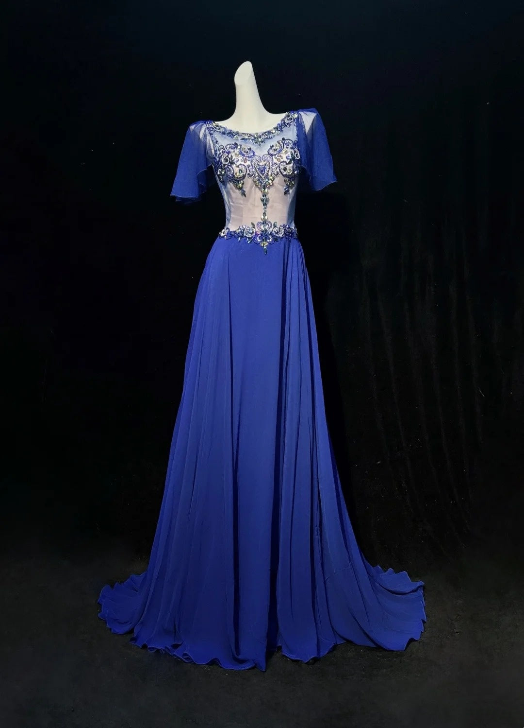 Vintage Prom Dresses 1960s A line Scoop Royal Blue Chiffon With Beaded Sleeves Evening Formal Outfits RB5138