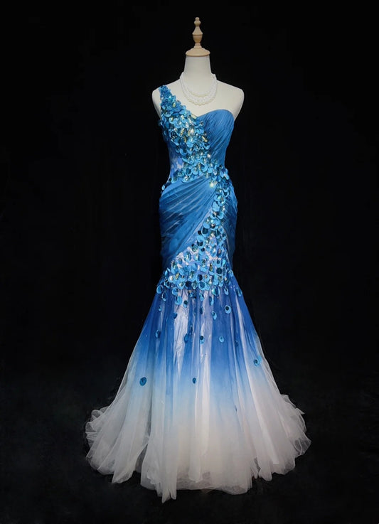 Vintage Classy Prom Dresses Mermaid One Shoulder Gradient Colors White Blue Tulle With Beaded Evening Long Dress N3301