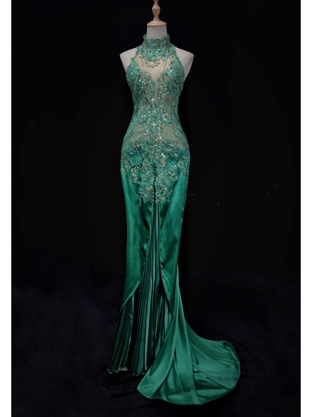 Robes de bal vintage des années 90 sirène col montant en satin vert avec applique, fente longue, tenues de soirée semi-formelles N3662