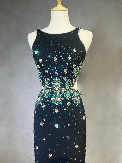 Robes de Bal Vintage Sirène Col Rond Noir Fendu Avec Perles Années 1970 Robe de Soirée Longue N2611