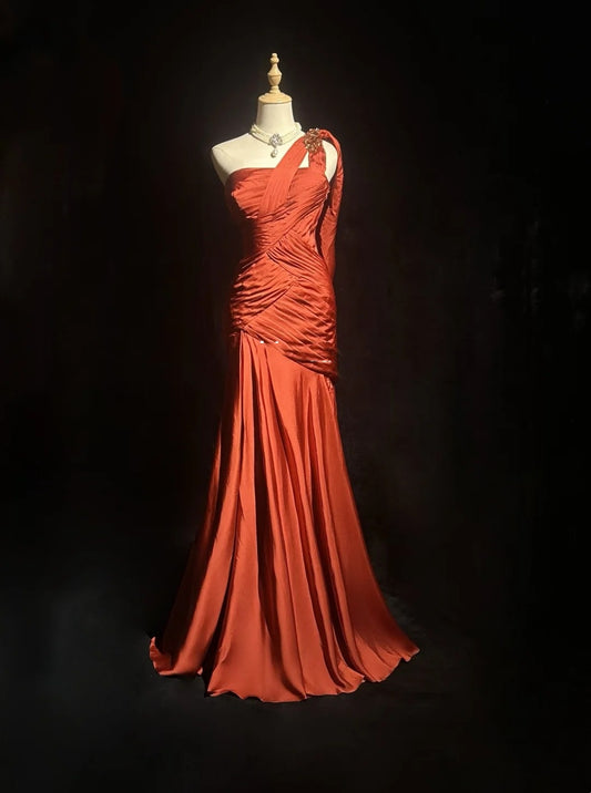 Vintage Prom Dresses Mermaid One Shoulder Dusty Orange Satin With Beading Long Formal Dress N2452