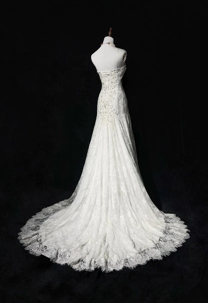 Robes de mariée uniques sirène, bretelles spaghetti, dentelle blanche, longue robe de mariée N3096