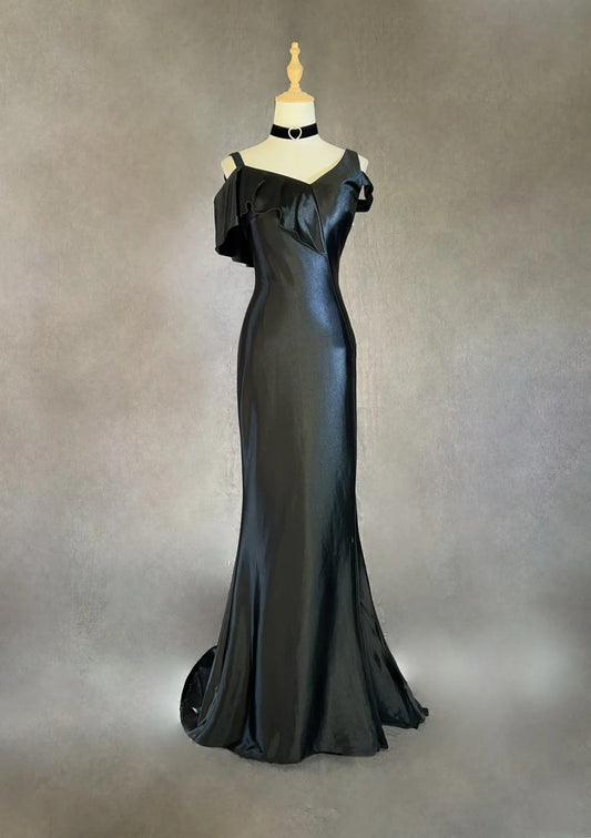 Vintage Prom Dresses Mermaid Spaghetti Strap Black Tie Dress Sleeveless 1990s Long Formal Evening Gown N2637