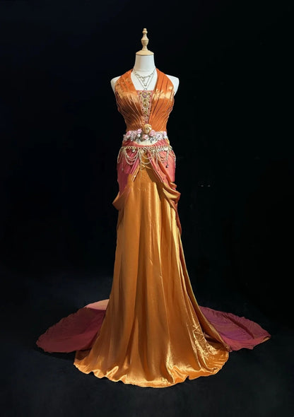 Robes de bal charmantes sirène rose licou en satin orange avec volants longues tenues de soirée N3430