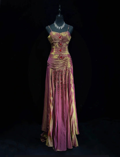 Elegante Ballkleider A-Linie Spaghettiträger Traube Taft mit Rüschen Langes Abendkleid N2910