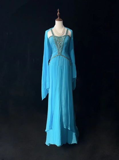 Robes de bal vintage trapèze sans manches en mousseline bleue avec perles et cape Tenues de soirée formelles N3853