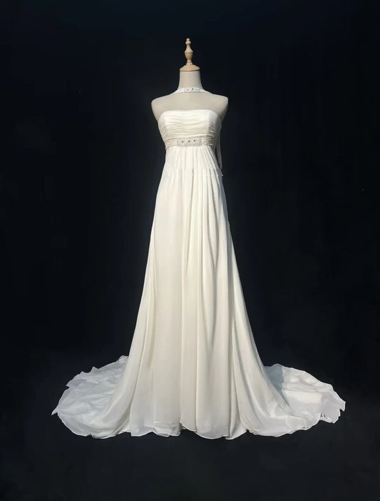 Elegant A line Strapless Chiffon White With Beads Wedding Bridal Gown Long Wedding Dresses RB5123