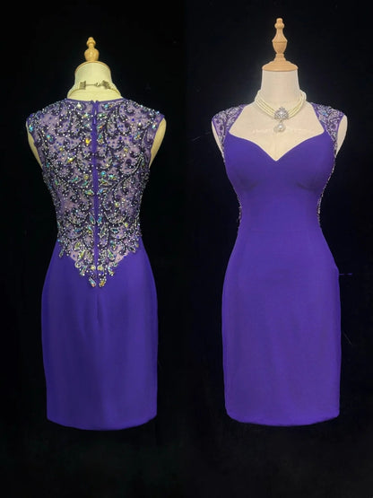 Jolies robes de bal courtes en satin violet avec encolure en cœur, robes de rentrée Hoco N2596