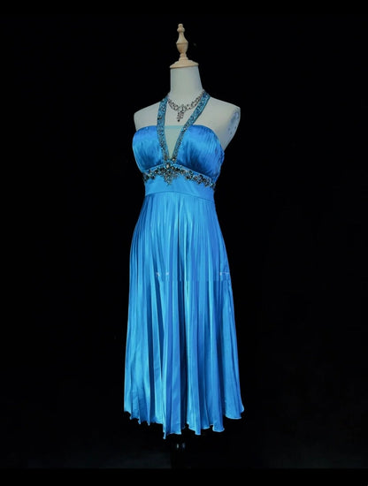 Robes de bal vintage en satin bleu avec perles, coupe trapèze, dos nu, mi-longues, style années 80, robe de soirée N2581