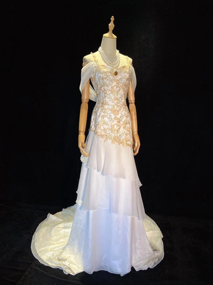 Belles robes de bal sirène à bretelles spaghetti en dentelle dorée avec manches longues robes de soirée formelles N3659