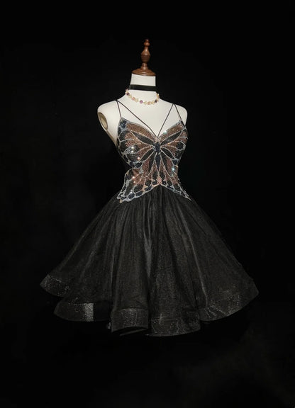 Jolie Robe de Bal Courte en Tulle Noir avec Bretelles Fines, Robes de Soirée de Retour à la Maison N2628