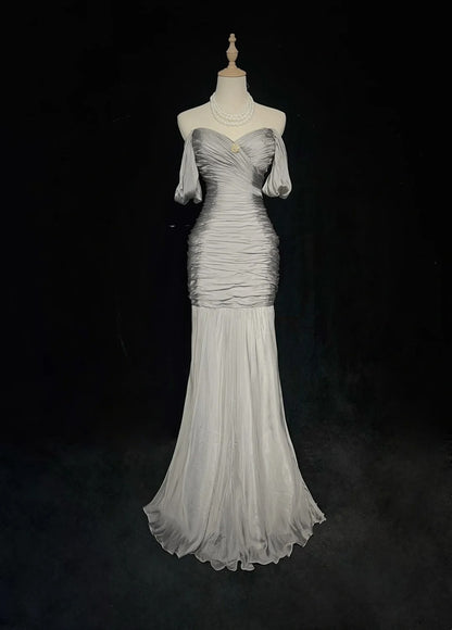 Robes de bal sirène modestes, en mousseline de soie grise avec manches, épaules dénudées, robe de soirée formelle N3847