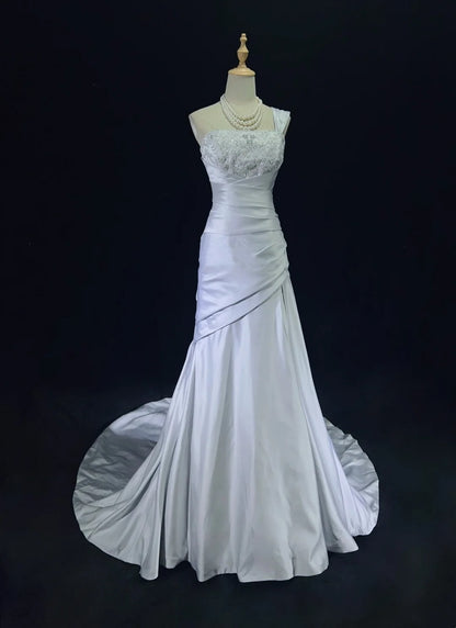 Bescheidene Abschlussballkleider Meerjungfrau One Shoulder Hellblau Satin Mit Spitze Langes formelles Tanzkleid N3000