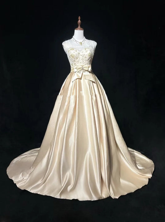 Timeless Wedding Dresses Ball Gown Square Neck Champagne Satin With Beaded Lace Long Brides Gown N3435