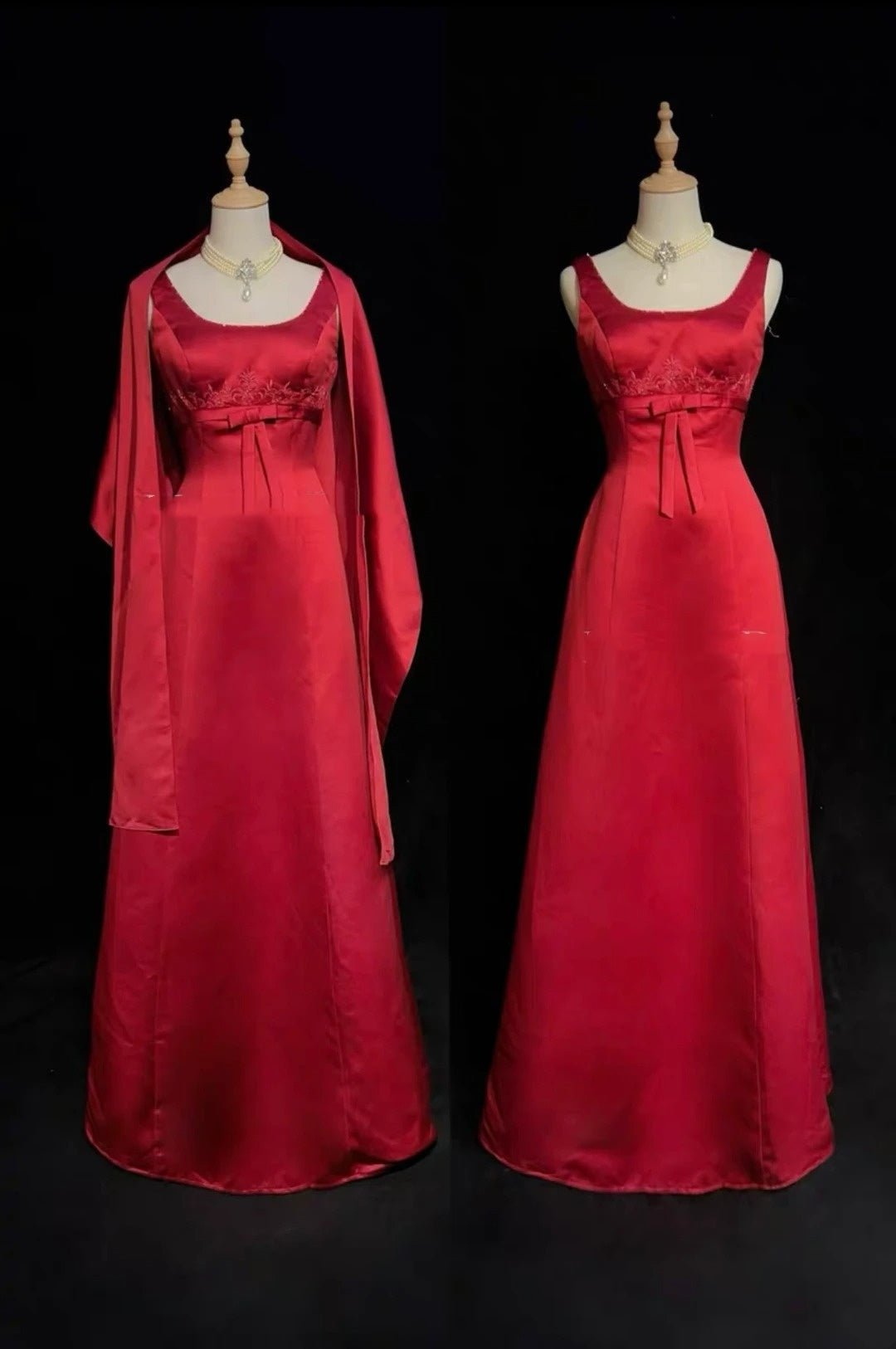 Inspiration Robes de bal Vintage Trapèze Col Carré Satin Rouge Années 80 Robes de Soirée Longues avec Cape N2857