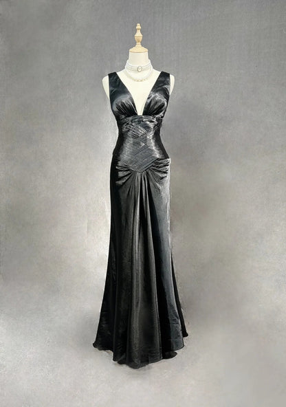 Robes de bal sirène modestes, dos nu, en satin noir avec volants, longues robes de soirée N3466