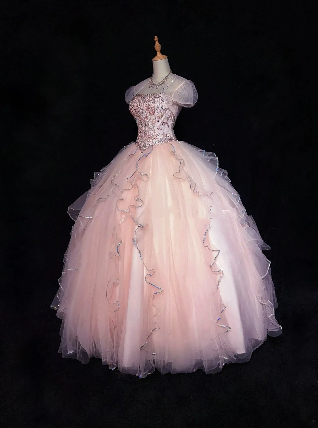 Robe de bal bustier manches courtes rose à paillettes longue robe de soirée d'anniversaire de bal avec veste N2861