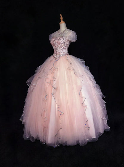 Robe de bal bustier manches courtes rose à paillettes longue robe de soirée d'anniversaire de bal avec veste N2861