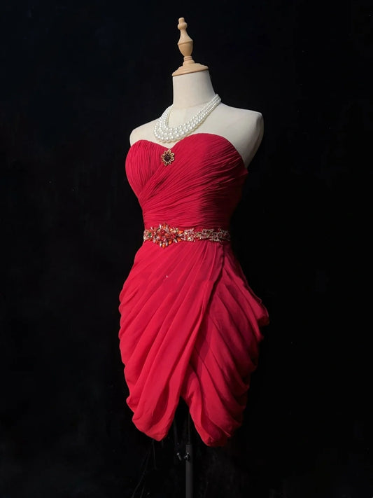 Cute Sheath Sweetheart Red Chiffon Short Mini 18th Birthday Gown Homecoming Dresses N3681
