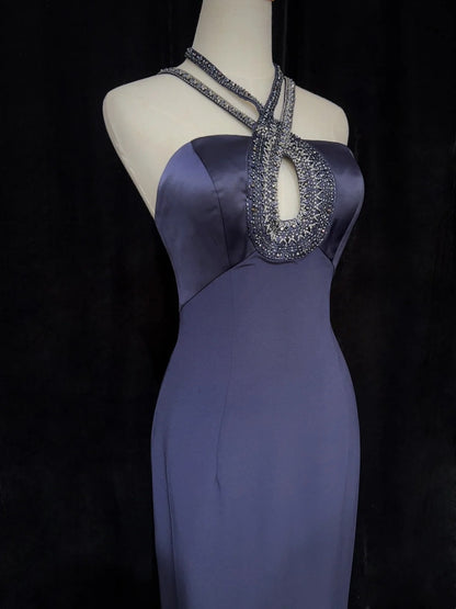 Robes de bal modestes Inspo Sirène Années 90 Col Licou Bleu Marine Avec Perles Pour Femmes Robe Formelle N3281