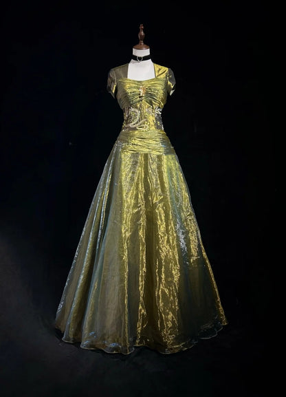 Vintage Abschlussballkleider Ballkleid Quadratischer Ausschnitt Olivgrün 80er Jahre Mit Perlen Lang Formelle Abendgarderobe N3873