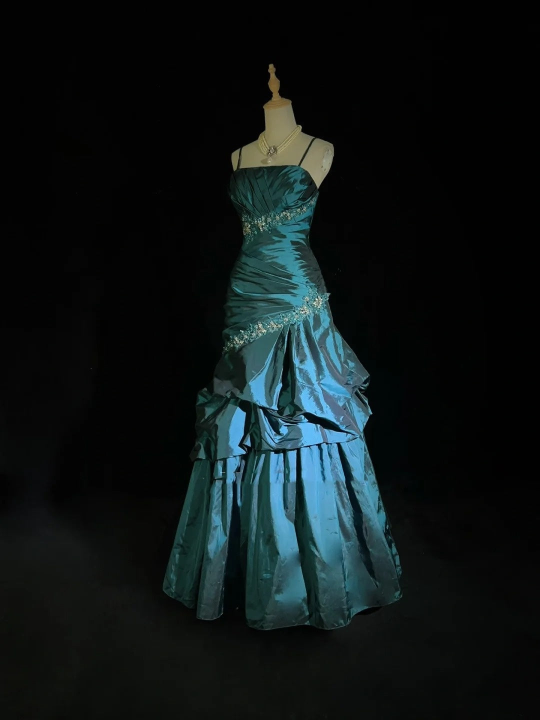 Vintage Ballkleider Ballkleid Spaghettiträger Teal Blau Ärmellos Taft 90er Langes Abendkleid N2893