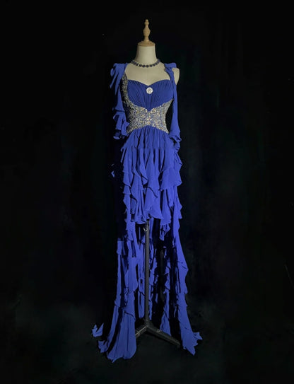 Robes de bal élégantes coupe trapèze asymétriques, une épaule, en mousseline bleu roi avec perles, sans manches, longue robe de soirée N2881
