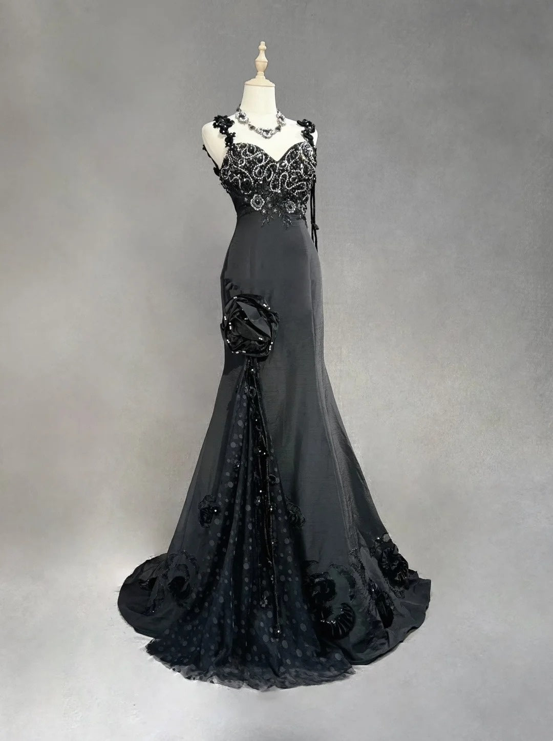 Robes de bal vintage, inspiration sirène, fines bretelles, noires, longues, années 1990, avec applications de perles, robes de soirée N3378