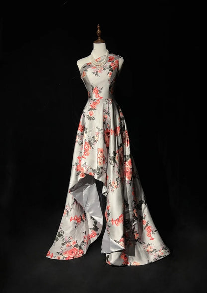Vintage Prom Dresses A line One Shoulder Satin Floral 1980s Long Formal Evening Gown N2626
