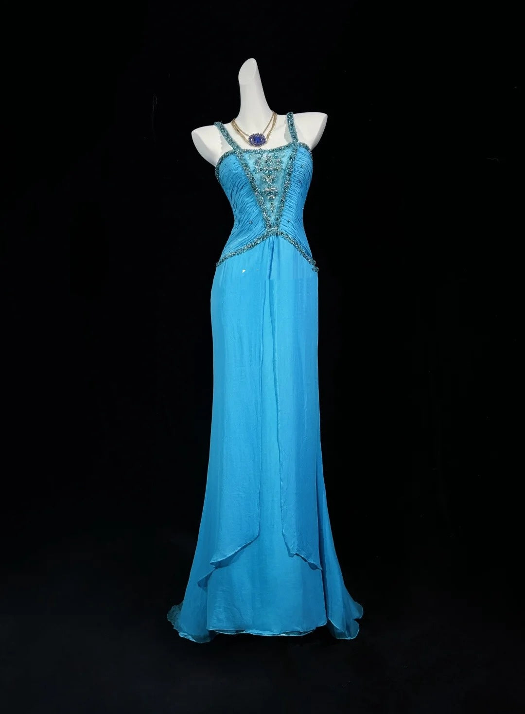 Vintage Prom Dresses Mermaid Halter Blue Chiffon 80s With Beading Long Formal Evening Outfits N4201