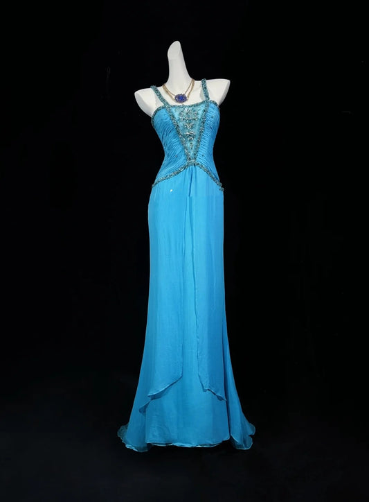 Vintage Prom Dresses Mermaid Halter Blue Chiffon 80s With Beading Long Formal Evening Outfits N4201