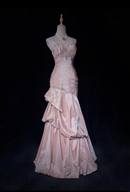 Vintage Prom Dresses Mermaid Spaghetti Strap Taffeta Light Pink With Silver Beads 1950s Long Formal Gown N2597
