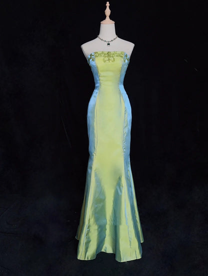 Vintage Prom Dresses Inspo Mermaid Strapless Sage Green Satin 90s With Beading For Women Formal Gowns N3330