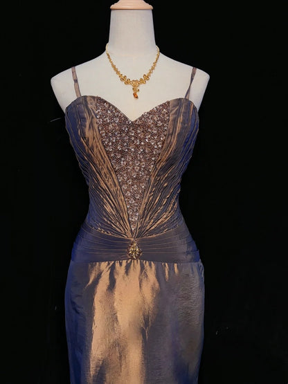Inspiration robes de bal vintage sirène à fines bretelles marron longues années 80 avec robes de soirée perlées N3391