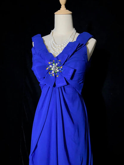 Vintage Abschlussballkleider Inspo A-Linie V-Ausschnitt Königsblau Chiffon Lang 1990er Mit Perlen Abendkleider N3352
