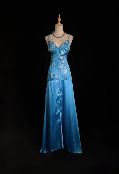 Vintage Abschlussballkleider Meerjungfrau Spaghettiträger Blau Satin 1990er Jahre Langes formelles Abendkleid N2645