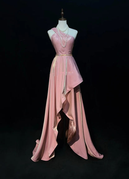 Vintage Ballkleider 1960er A-Linie One Shoulder Pink High Low Satin Ballkleid N3101