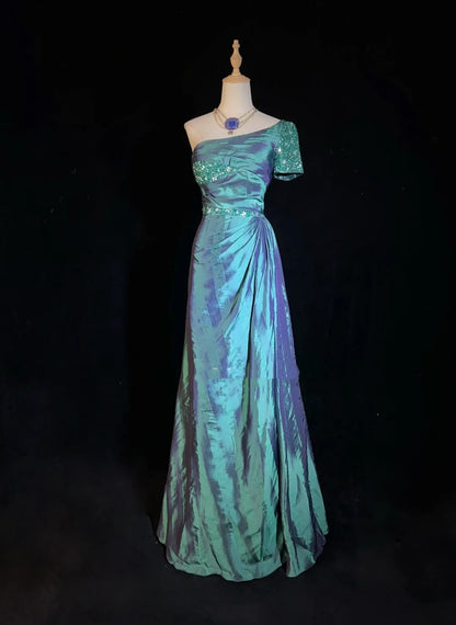 Modest Prom Dresses Mermaid One Shoulder Blue Satin With Beaded Long Evening Outfits N3467