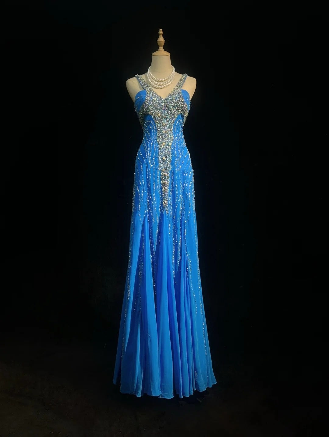 Vintage Prom Dresses Mermaid Halter Blue Chiffon With Beads Jewels Floor Length 80s Formal Gown N2582