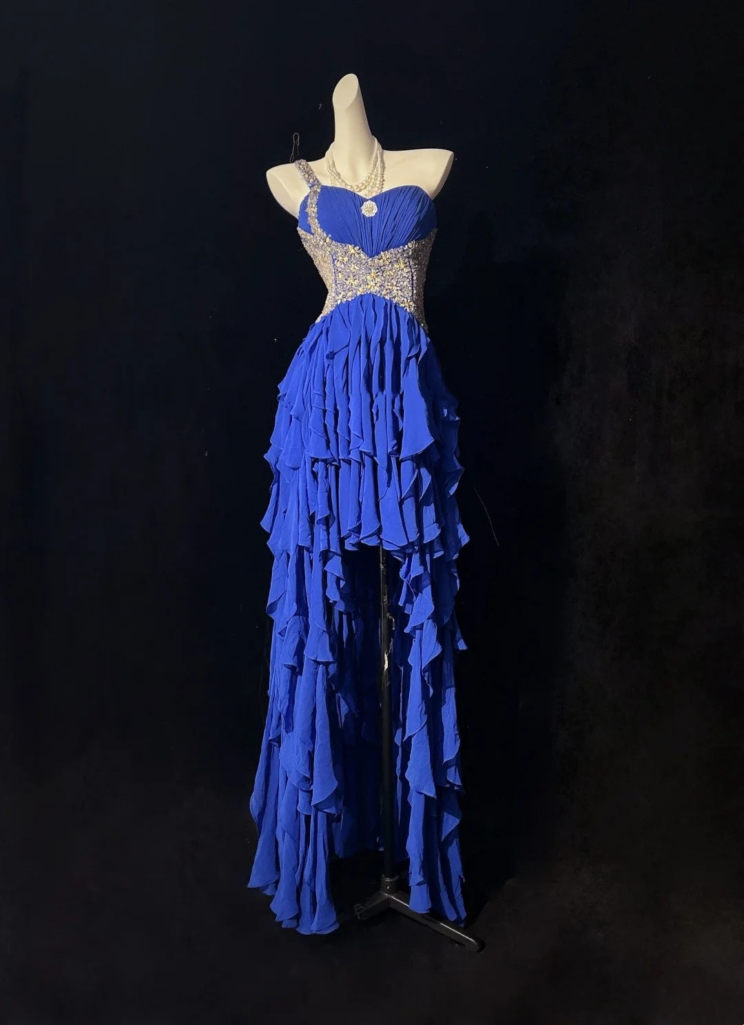 Vintage Prom Dresses 1950s High Low One Shoulder Royal Blue Chiffon With Layered Tiered Sleeveless Evening Formal Outfits RB4326