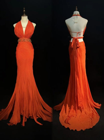 Vintage Prom Dresses Mermaid V Neck Orange Chiffon Backless 90s Long Formal Evening Gown N2646