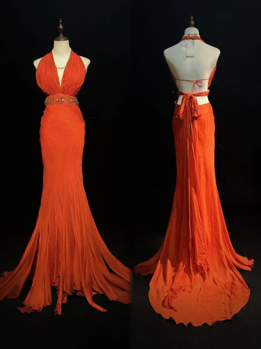 Vintage Prom Dresses Mermaid V Neck Orange Chiffon Backless 90s Long Formal Evening Gown N2646