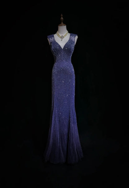 Robes de bal vintage sirène col en V bleu royal années 90 avec perles dos nu longue robe de soirée formelle N2505