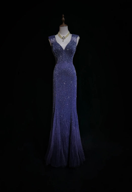 Vintage Prom Dresses Mermaid V Neck Royal Blue 90s With Backless Beading Long Formal Party Dress N2505