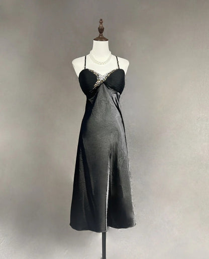 Robes de bal intemporelles ligne A, bretelles spaghetti, noires, longueur thé avec perles, tenues de soirée N3250